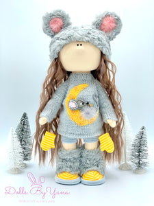Bella 14"/35cm Furry Gray Mouse Winter Doll with Knit Moon Sweater Dress