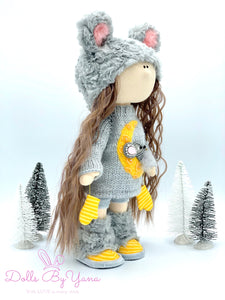 Bella 14"/35cm Furry Gray Mouse Winter Doll with Knit Moon Sweater Dress