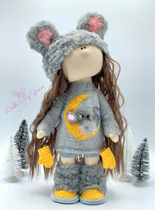 Bella 14"/35cm Furry Gray Mouse Winter Doll with Knit Moon Sweater Dress