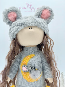 Bella 14"/35cm Furry Gray Mouse Winter Doll with Knit Moon Sweater Dress