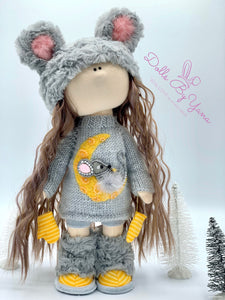 Bella 14"/35cm Furry Gray Mouse Winter Doll with Knit Moon Sweater Dress