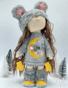 Bella 14"/35cm Furry Gray Mouse Winter Doll with Knit Moon Sweater Dress