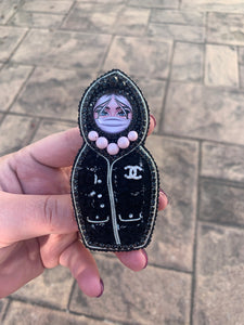 Beaded Russian Nesting Doll "Matroshka" Brooch Wearing a Mask