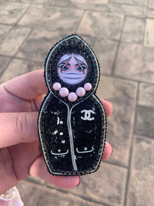 Beaded Russian Nesting Doll "Matroshka" Brooch Wearing a Mask