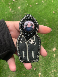 Beaded and Leather Russian Nesting Doll "Matroshka" Brooch Wearing a Mask