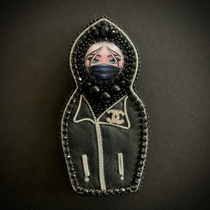 Beaded and Leather Russian Nesting Doll "Matroshka" Brooch Wearing a Mask