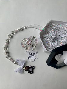 Pink & White Crystals Pacifier and Personalized Clip Set