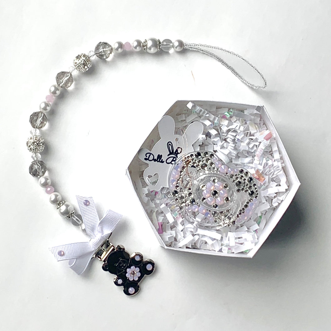 Pink & White Crystals Pacifier and Personalized Clip Set
