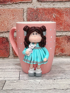 Handmade Polymer Clay 3D Brown Haired Girl on a Pink Ceramic Mug