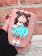 Load image into Gallery viewer, Handmade Polymer Clay 3D Brown Haired Girl on a Pink Ceramic Mug
