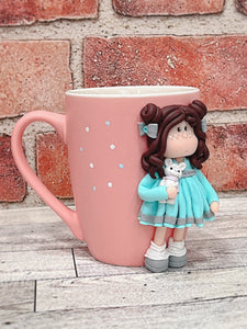 Handmade Polymer Clay 3D Brown Haired Girl on a Pink Ceramic Mug