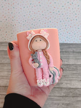 Load image into Gallery viewer, Handmade Polymer Clay 3D Girl in Pink Bunny PJs on a Pink Ceramic Mug
