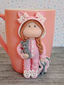 Handmade Polymer Clay 3D Girl in Pink Bunny PJs on a Pink Ceramic Mug