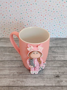 Handmade Polymer Clay 3D Girl in Pink Bunny PJs on a Pink Ceramic Mug