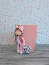 Load image into Gallery viewer, Handmade Polymer Clay 3D Girl in Pink Bunny PJs on a Pink Ceramic Mug
