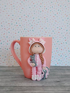 Handmade Polymer Clay 3D Girl in Pink Bunny PJs on a Pink Ceramic Mug