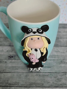 Handmade Polymer Clay 3D Blonde Girl in Panda PJs on a Blue Ceramic Mug