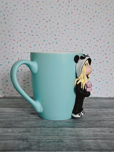 Handmade Polymer Clay 3D Blonde Girl in Panda PJs on a Blue Ceramic Mug