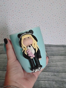 Handmade Polymer Clay 3D Blonde Girl in Panda PJs on a Blue Ceramic Mug