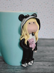 Handmade Polymer Clay 3D Blonde Girl in Panda PJs on a Blue Ceramic Mug