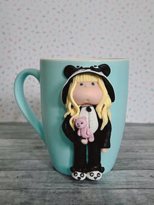 Handmade Polymer Clay 3D Blonde Girl in Panda PJs on a Blue Ceramic Mug