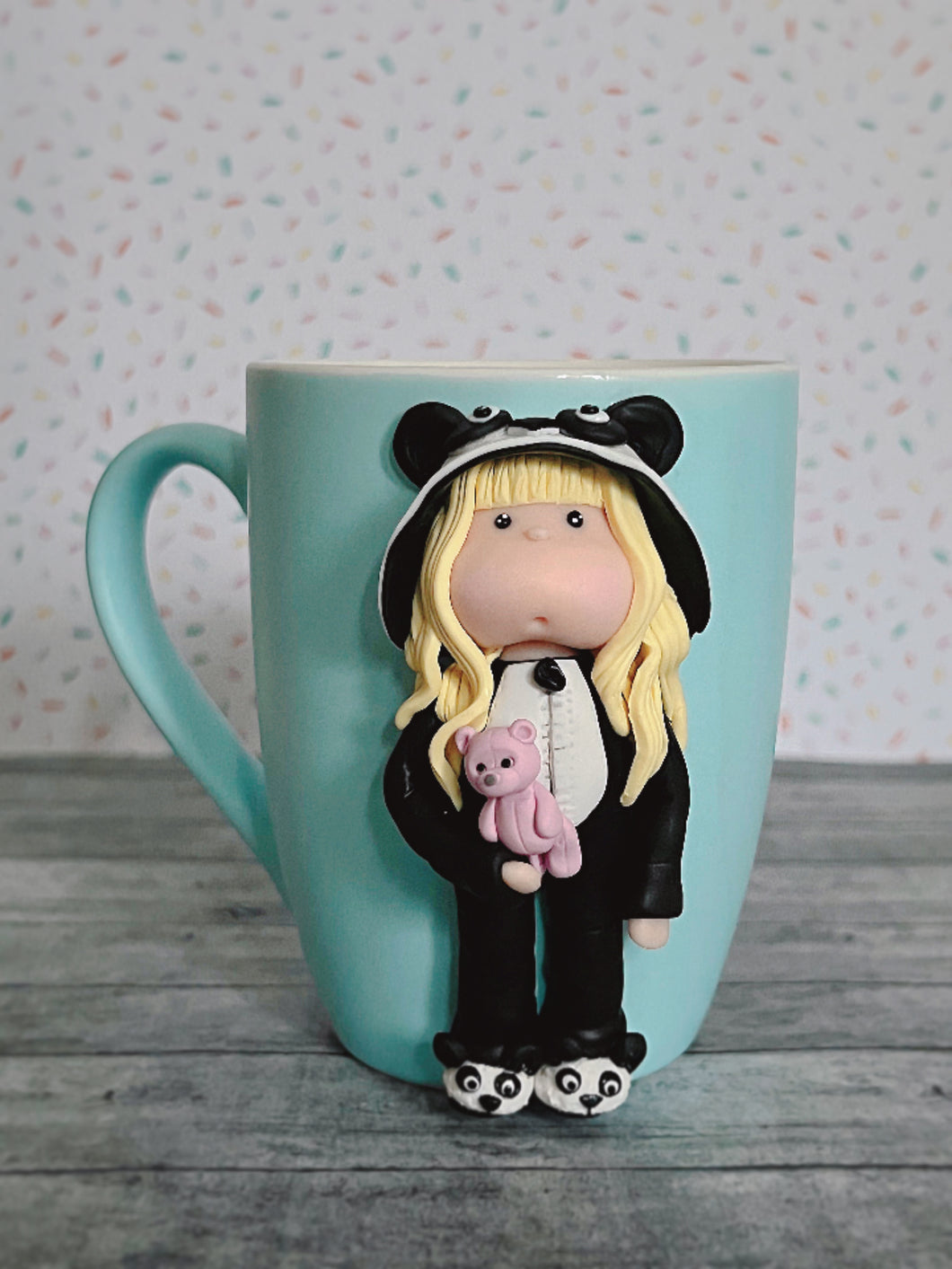 Handmade Polymer Clay 3D Blonde Girl in Panda PJs on a Blue Ceramic Mug