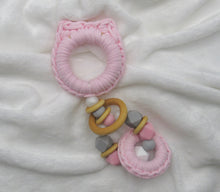 Load image into Gallery viewer, Pink Kitty Ears Wood &amp; 100% Cotton Knitted Teether
