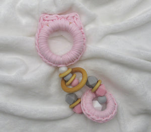 Pink Kitty Ears Wood & 100% Cotton Knitted Teether