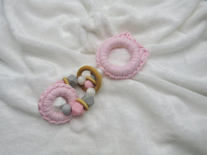 Pink Kitty Ears Wood & 100% Cotton Knitted Teether