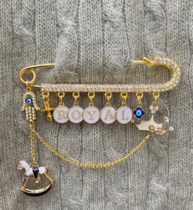 White Crystals and Letters Stroller Pin, 4"/10cm