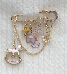 Baby Girl White Crystals Pink Letters Bow Stroller Pin, 2.5"/6cm