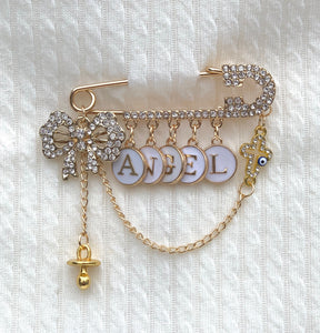 White Crystals and Letters Bow Stroller Pin, 2.5"/6cm