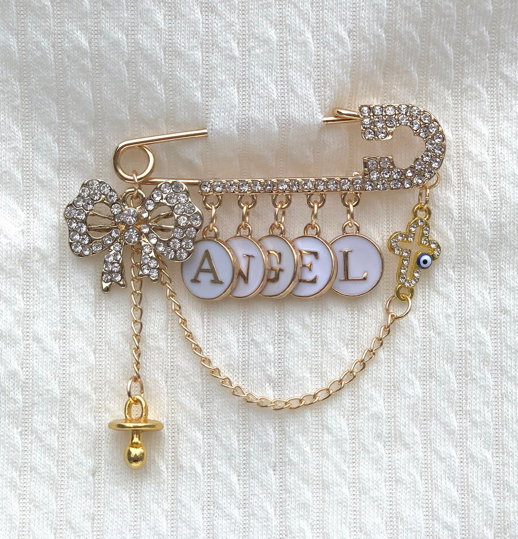 White Crystals and Letters Bow Stroller Pin, 2.5
