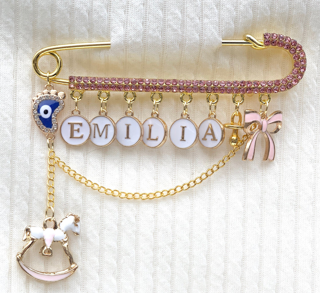 Pink Crystals White Letters Stroller Pin, 4