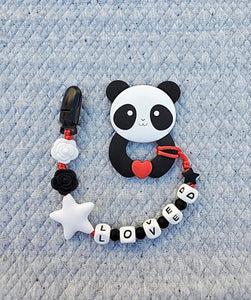 Panda Silicone Pacifier Clip and Teether. Personalized