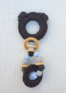 Black Bear Ears Silicone, Wood & 100% Cotton Knitted Teether