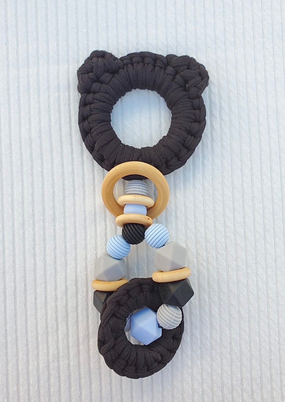 Black Bear Ears Silicone, Wood & 100% Cotton Knitted Teether