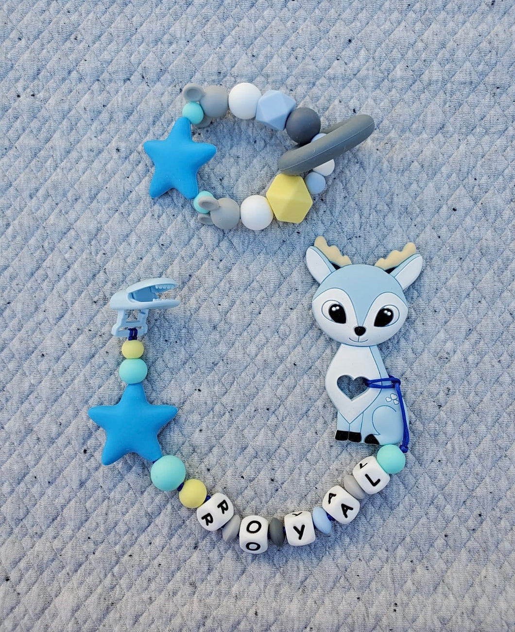 Blue Fox Silicone Pacifier Clip, Teether, Bracelet. Personalized