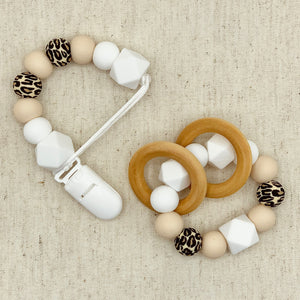 Beech Wood and Silicone Teether Ring and Pacifier Clip, White and Leopard