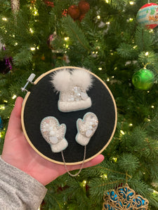 White Fur Hat and Gloves Set Brooches